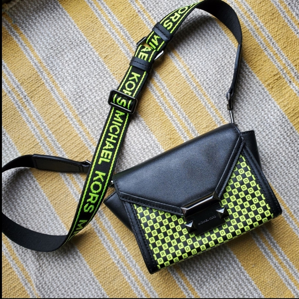 XS Michael Kors Whitney Black and Neon Green Fanny Pack Crossbody Belt Bag
